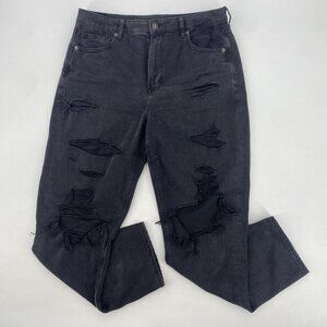 American Eagle Size 12 Black Wash Mom Jeans Destroyed Distressed Grunge